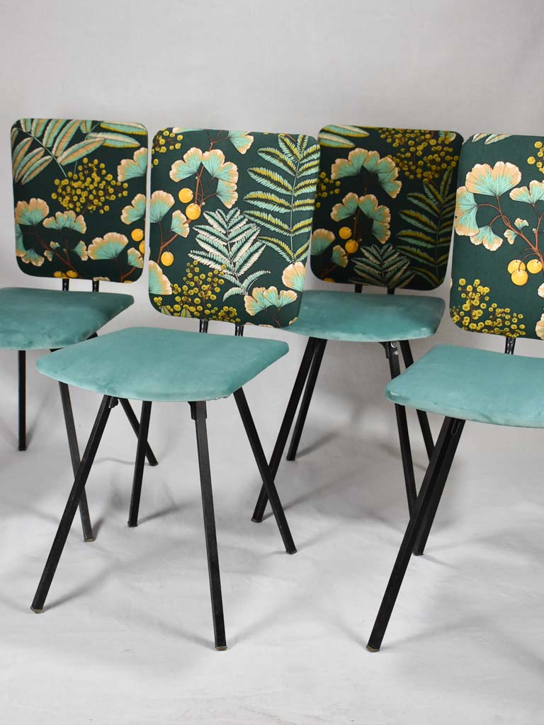 Four 1950's chairs with turquoise velvet and floral upholstery