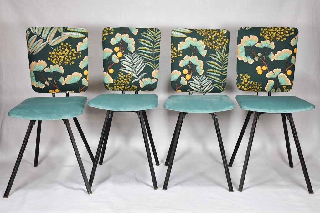Four 1950's chairs with turquoise velvet and floral upholstery