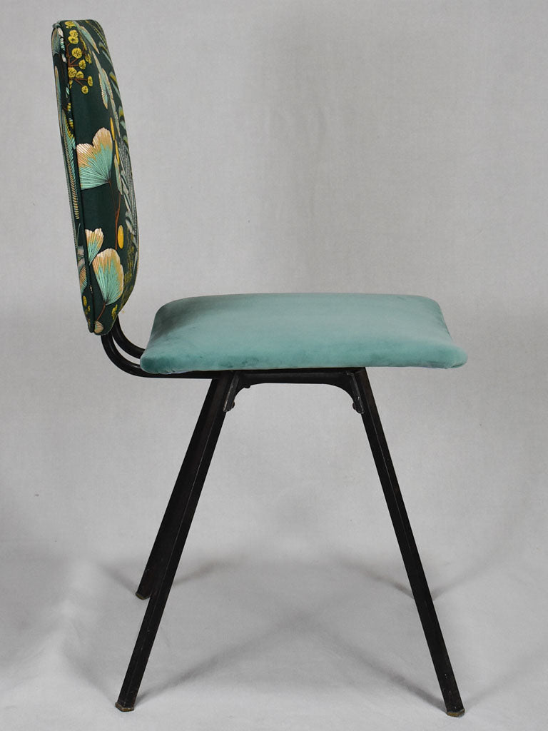 Four 1950's chairs with turquoise velvet and floral upholstery
