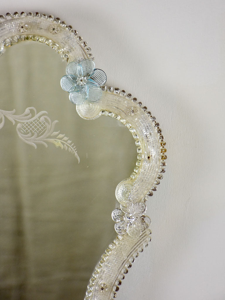 Vintage Venetian-style mirror with blue flowers and etchings 18½" x 15¼"