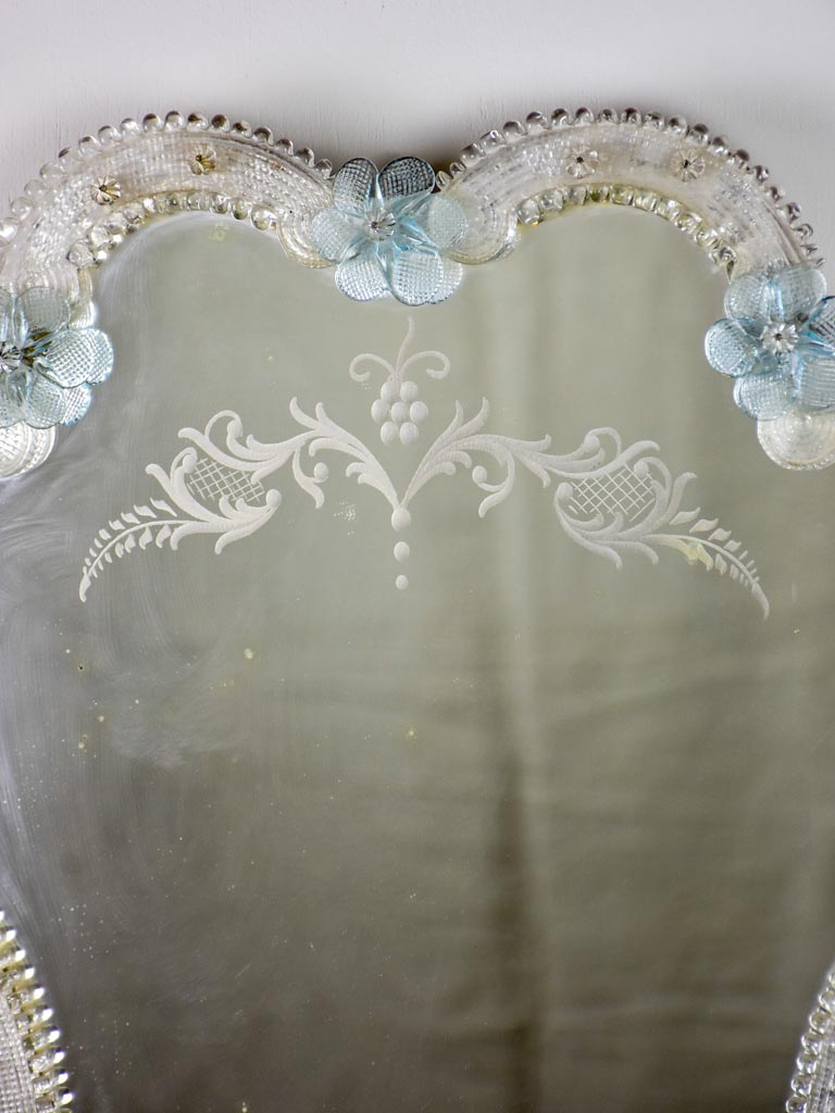 Vintage Venetian-style mirror with blue flowers and etchings 18½" x 15¼"
