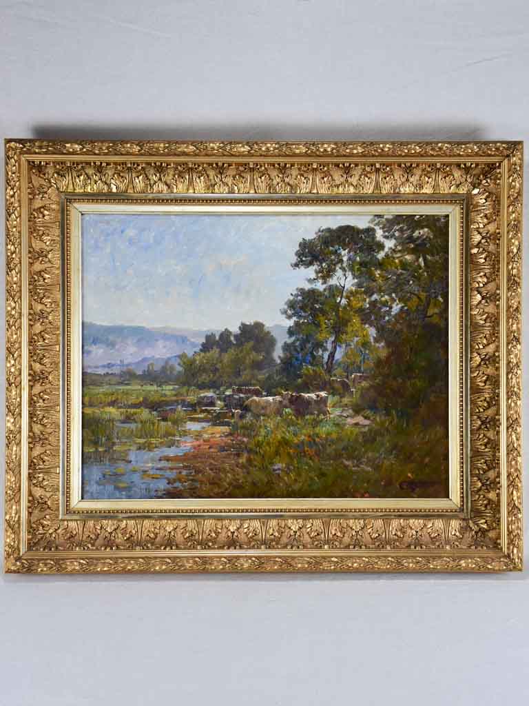 Cows in a pasture beside a pond - Clovis Frédérick Terraire (1858-1931) 28¾" x 34¼"