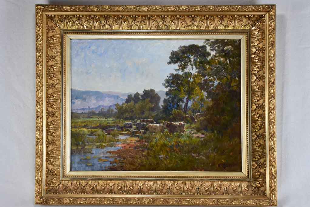 Cows in a pasture beside a pond - Clovis Frédérick Terraire (1858-1931) 28¾" x 34¼"