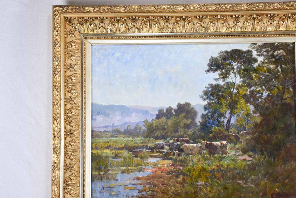 Cows in a pasture beside a pond - Clovis Frédérick Terraire (1858-1931) 28¾" x 34¼"