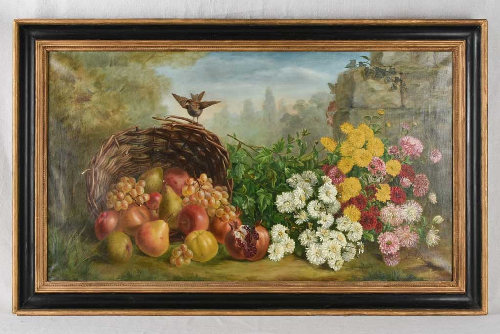 Large 19th century still life with bird fruit & flowers 29½" x 47¼"