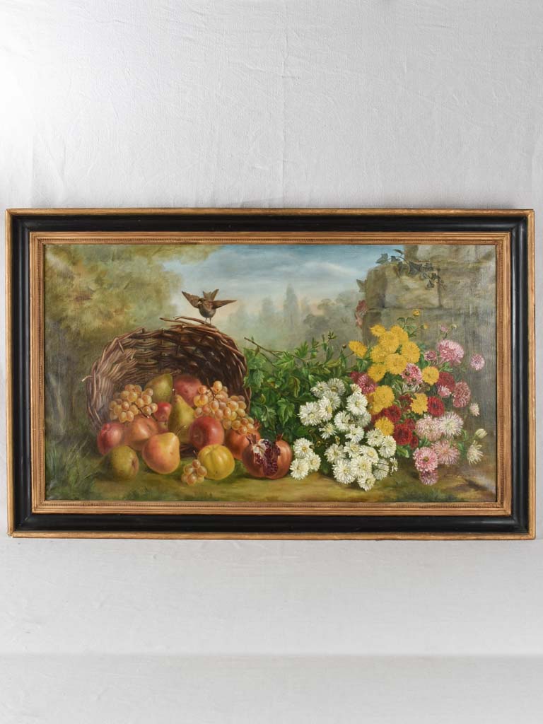 Large 19th century still life with bird fruit & flowers 29½" x 47¼"