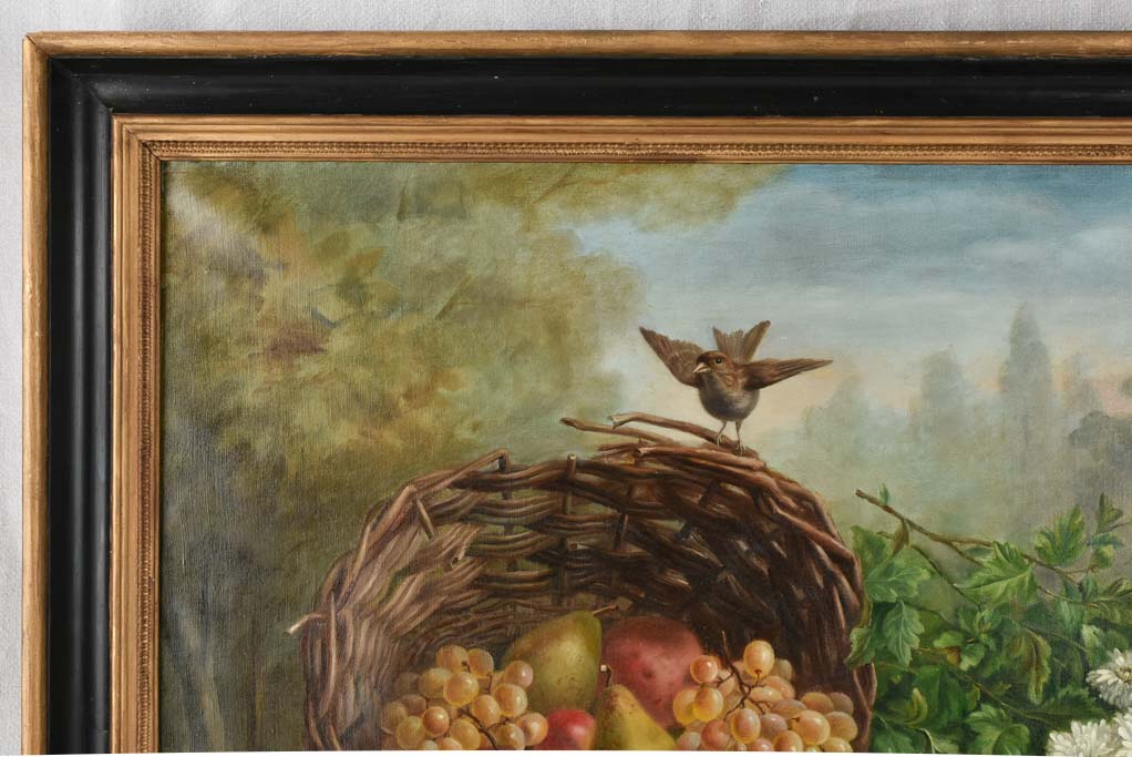 Large 19th century still life with bird fruit & flowers 29½" x 47¼"