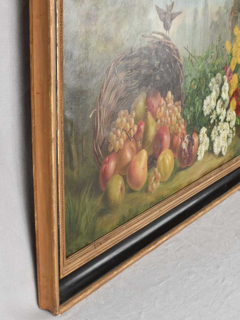 Large 19th century still life with bird fruit & flowers 29½" x 47¼"
