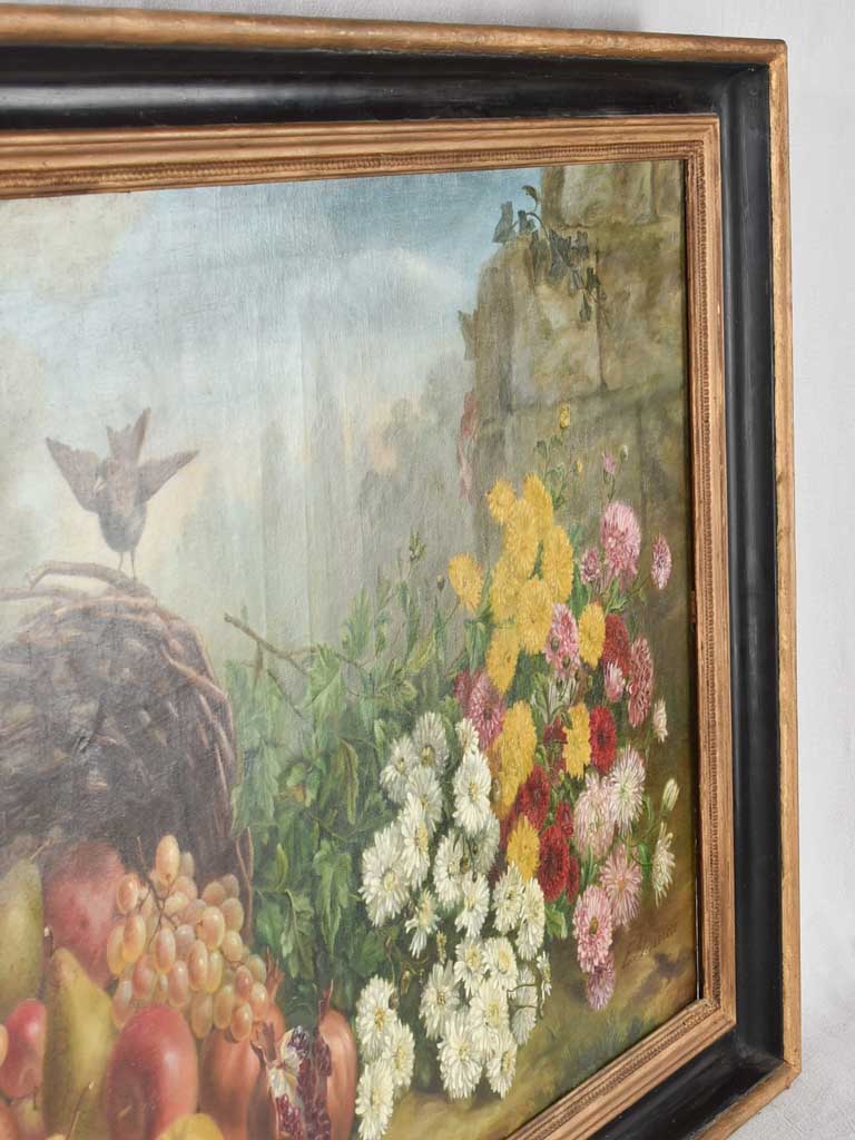 Large 19th century still life with bird fruit & flowers 29½" x 47¼"