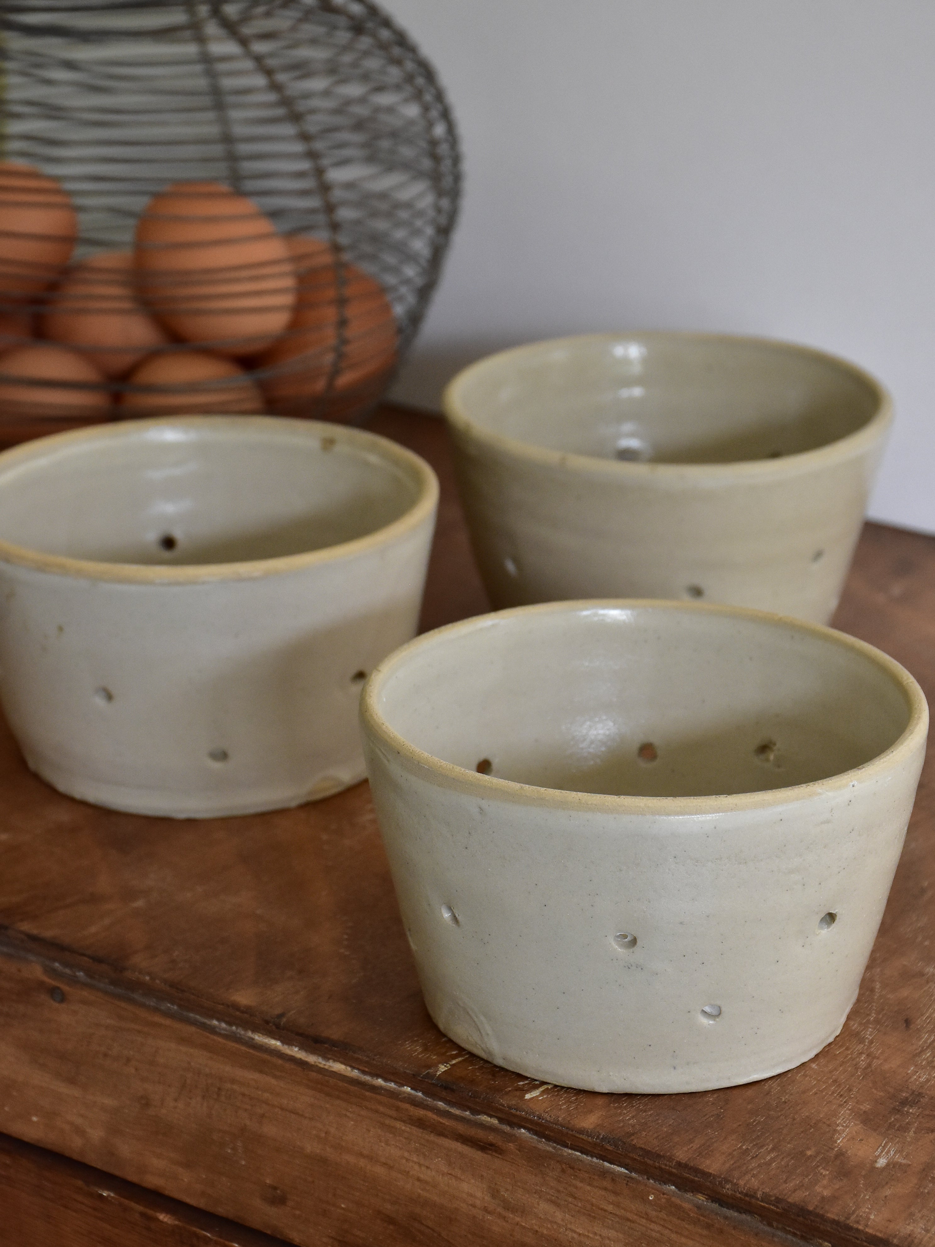 Collection of three French cheese moulds or faisselle