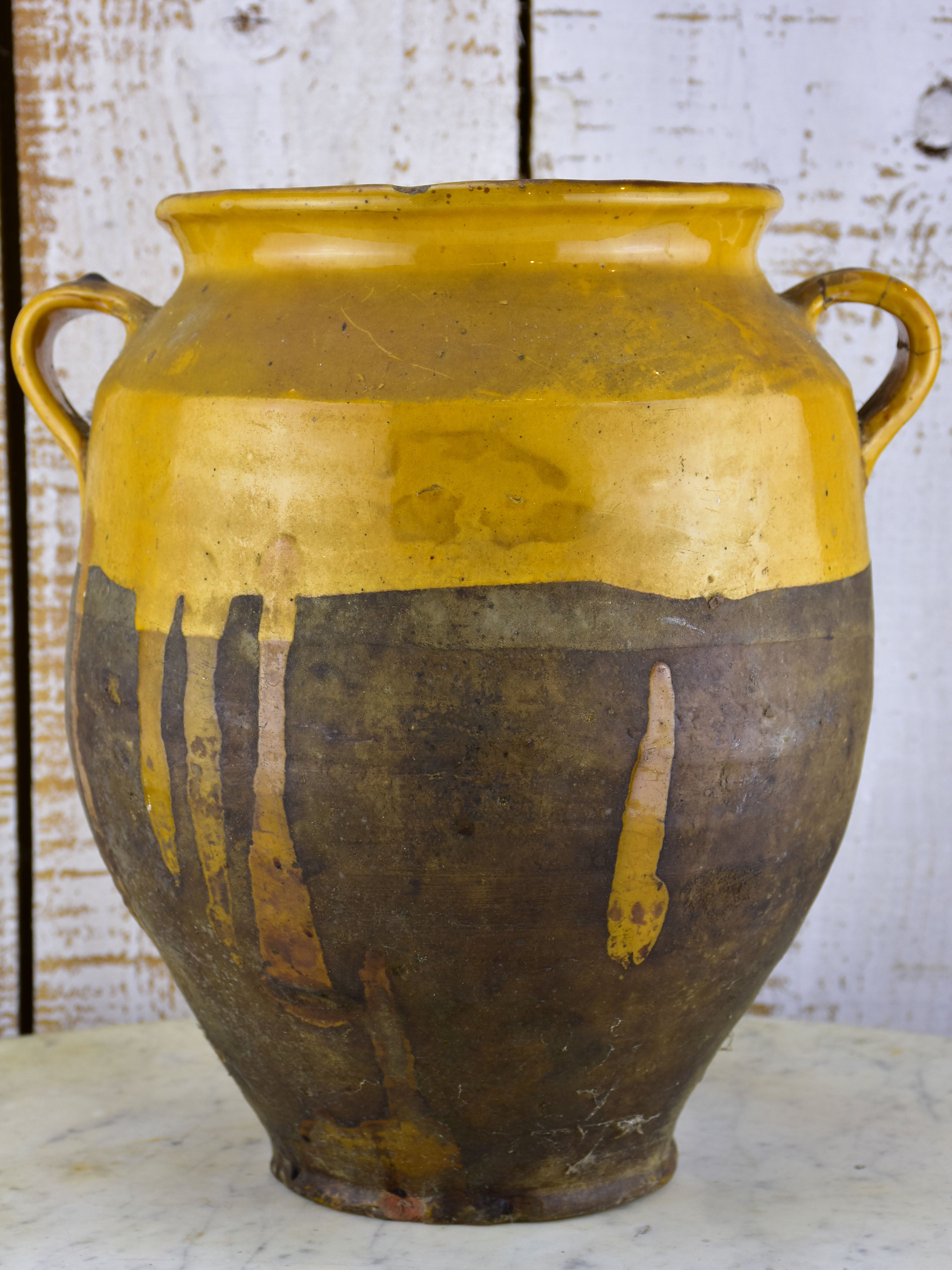 Large French confit pot with yellow glaze 19th century