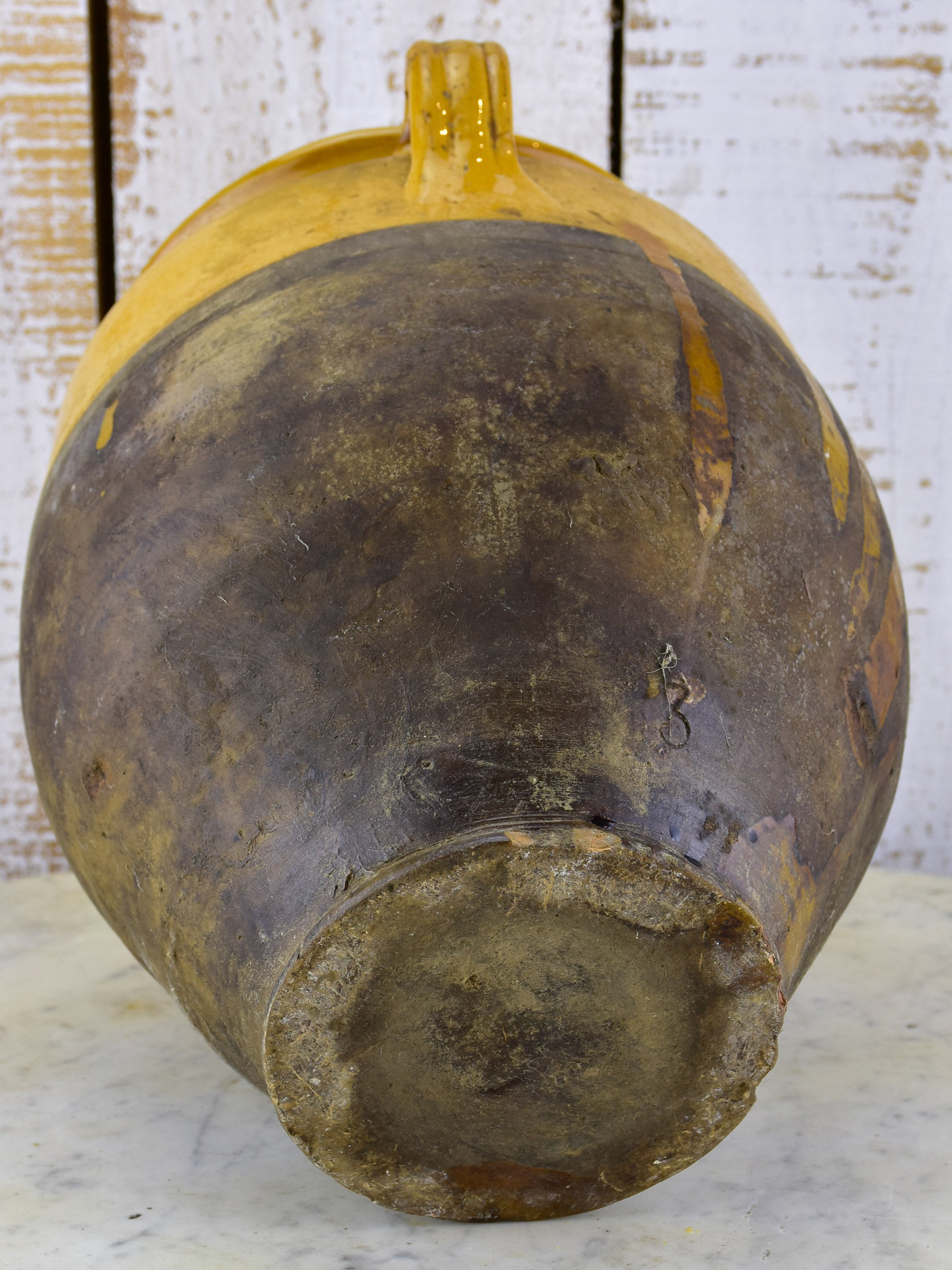 Large French confit pot with yellow glaze 19th century