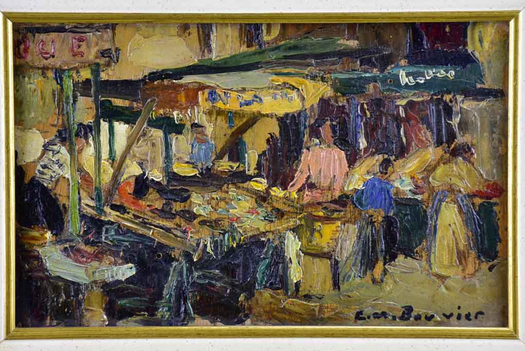Small framed antique painting of a market - Bouvier 8 ½'' x 5 ½''