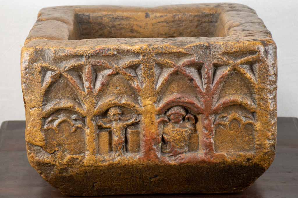 12th-century baptismal font with religious ornamentation 17¼"