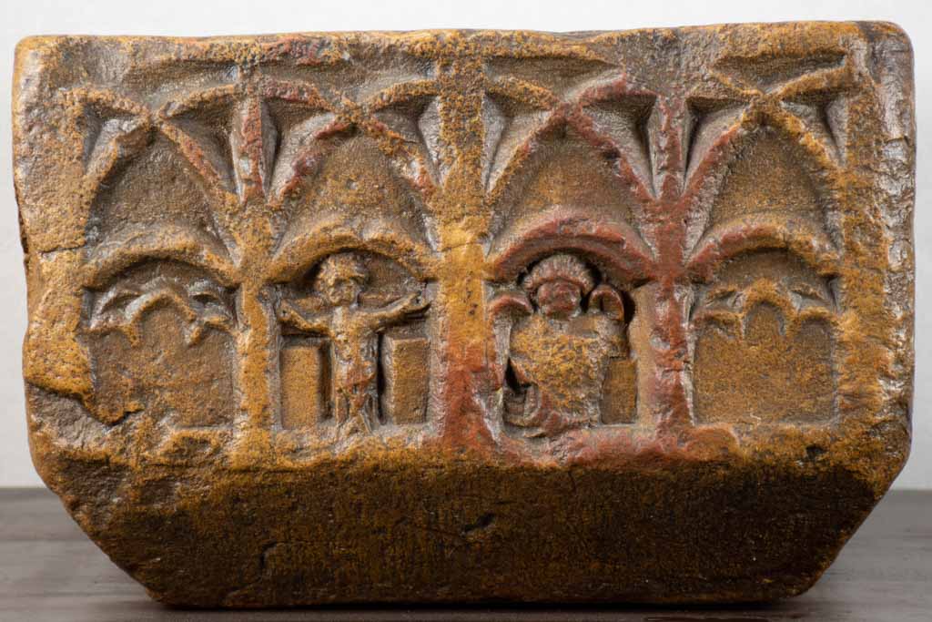12th-century baptismal font with religious ornamentation 17¼"