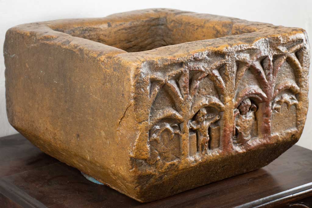 12th-century baptismal font with religious ornamentation 17¼"