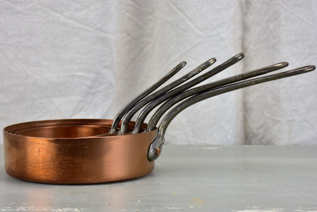Collection of 5 antique French copper saucepans
