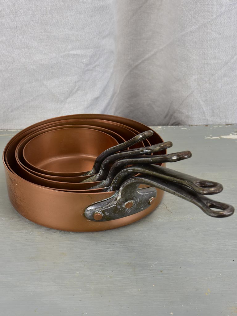 Collection of 5 antique French copper saucepans