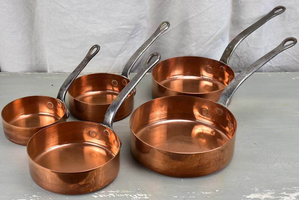 Collection of 5 antique French copper saucepans