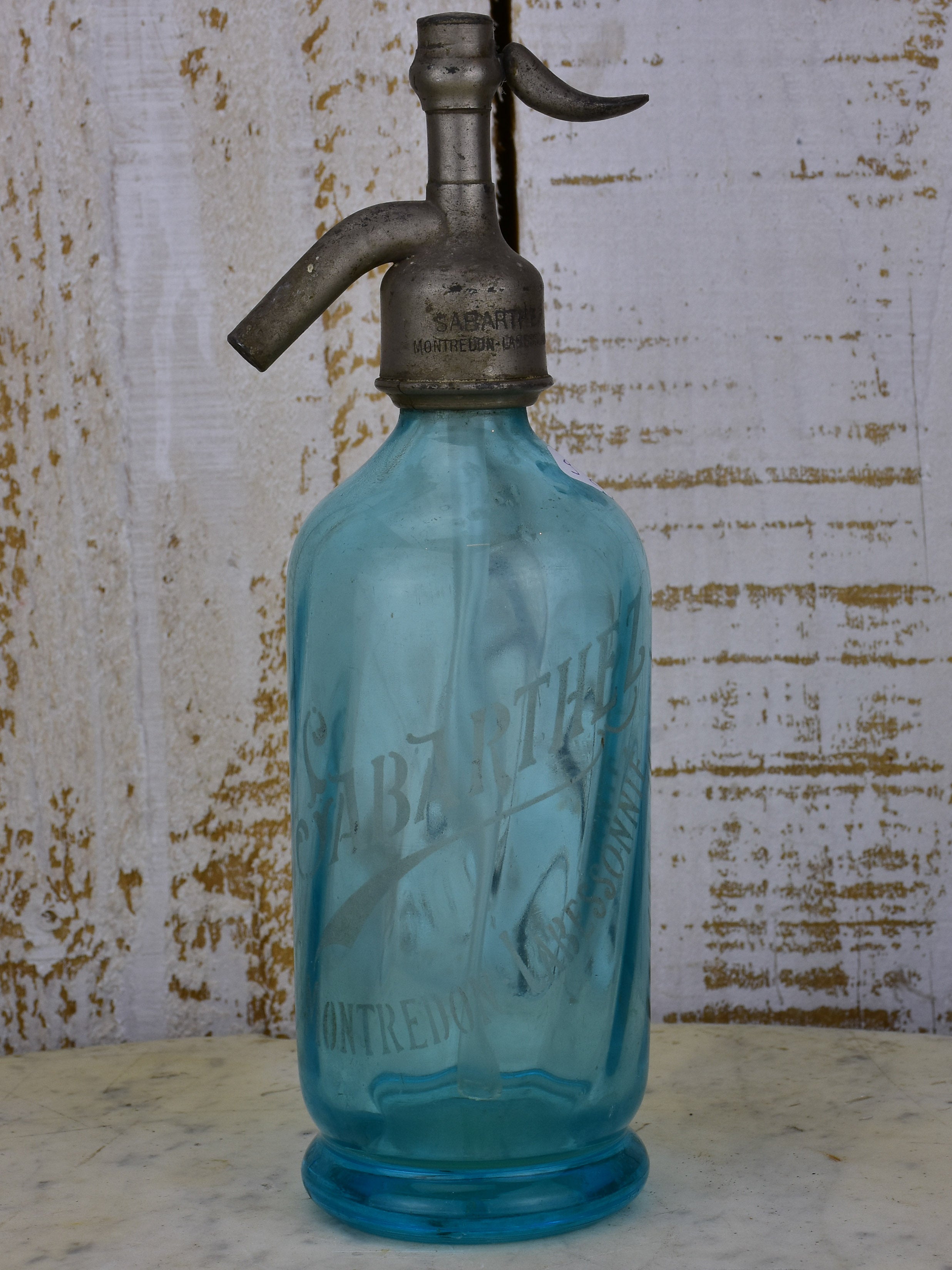 Blue antique French Seltzer 'demi' bottle - Sabarthe, Paris