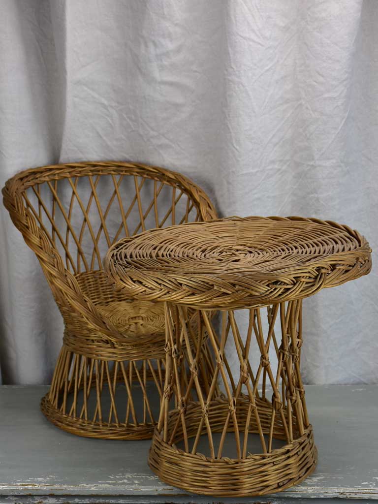 Mid-century children's wicker armchair and table