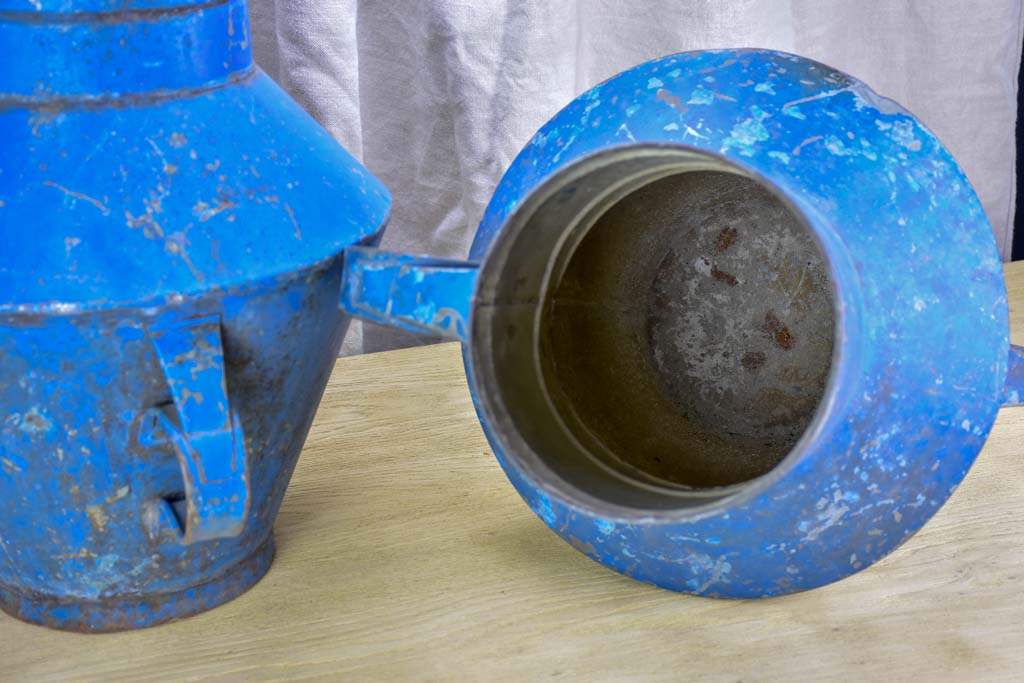 Pair of rustic blue agricultural vessels 20"