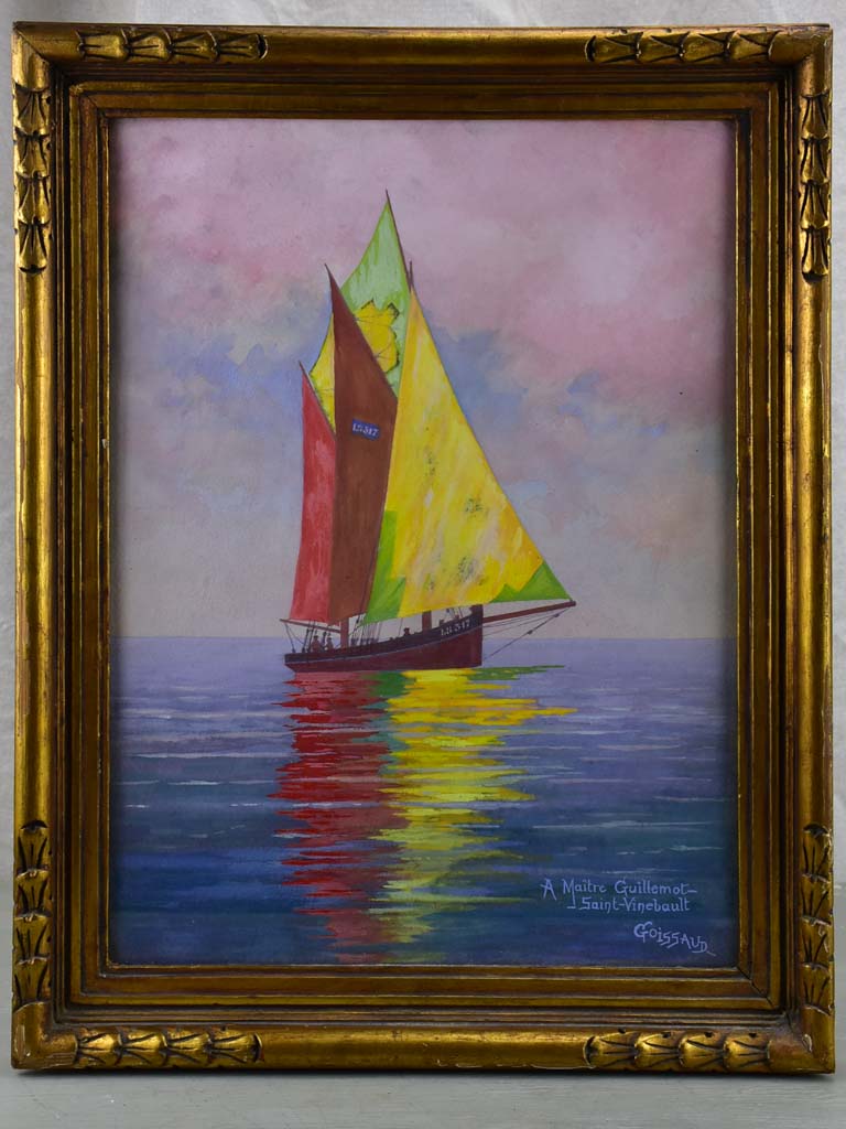 Antique French painting of a yacht on the ocean