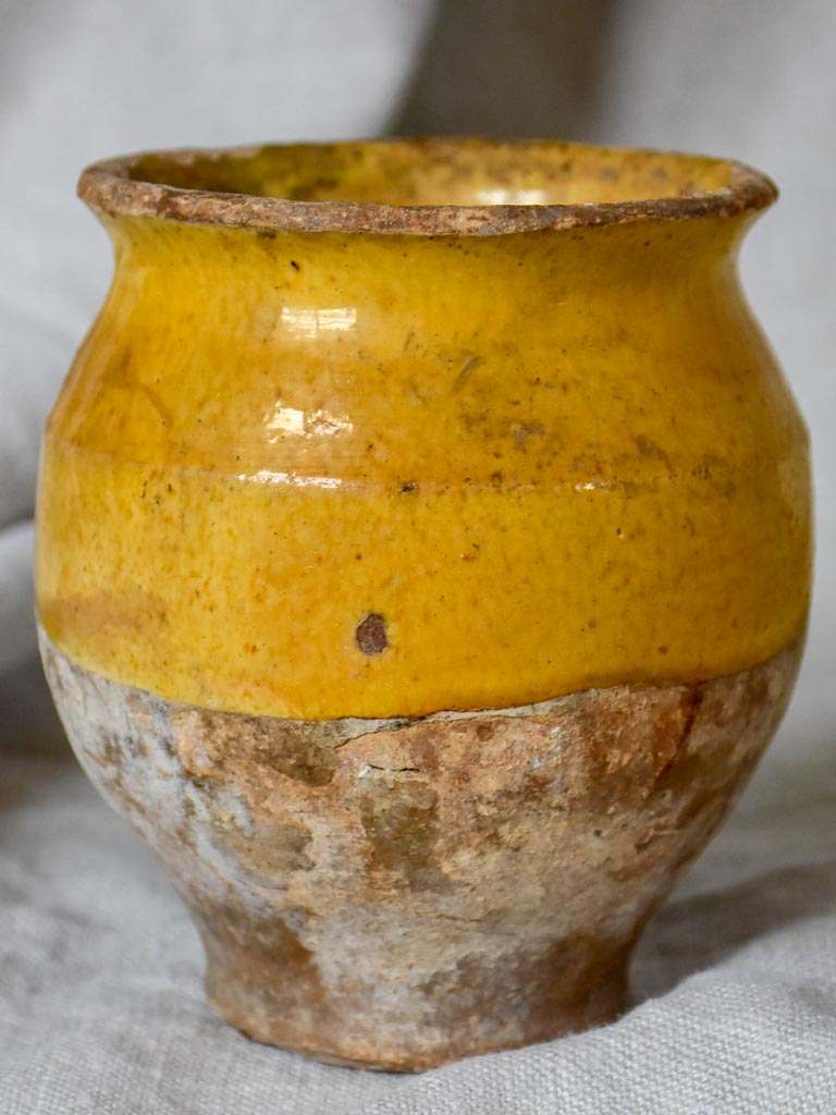 Very small antique French confit pot with yellow glaze 4¾"