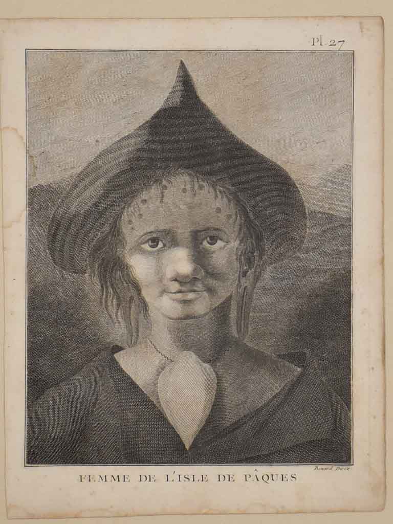 Antique French engraving of a woman from L'Isle de Paques 16¼"
