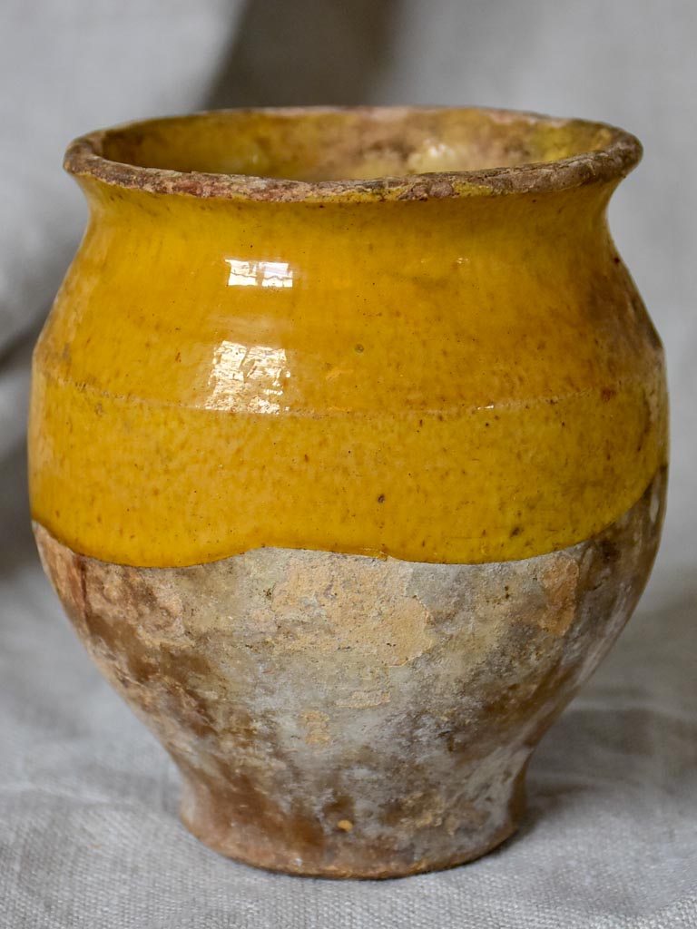 Very small antique French confit pot with yellow glaze 4¾"