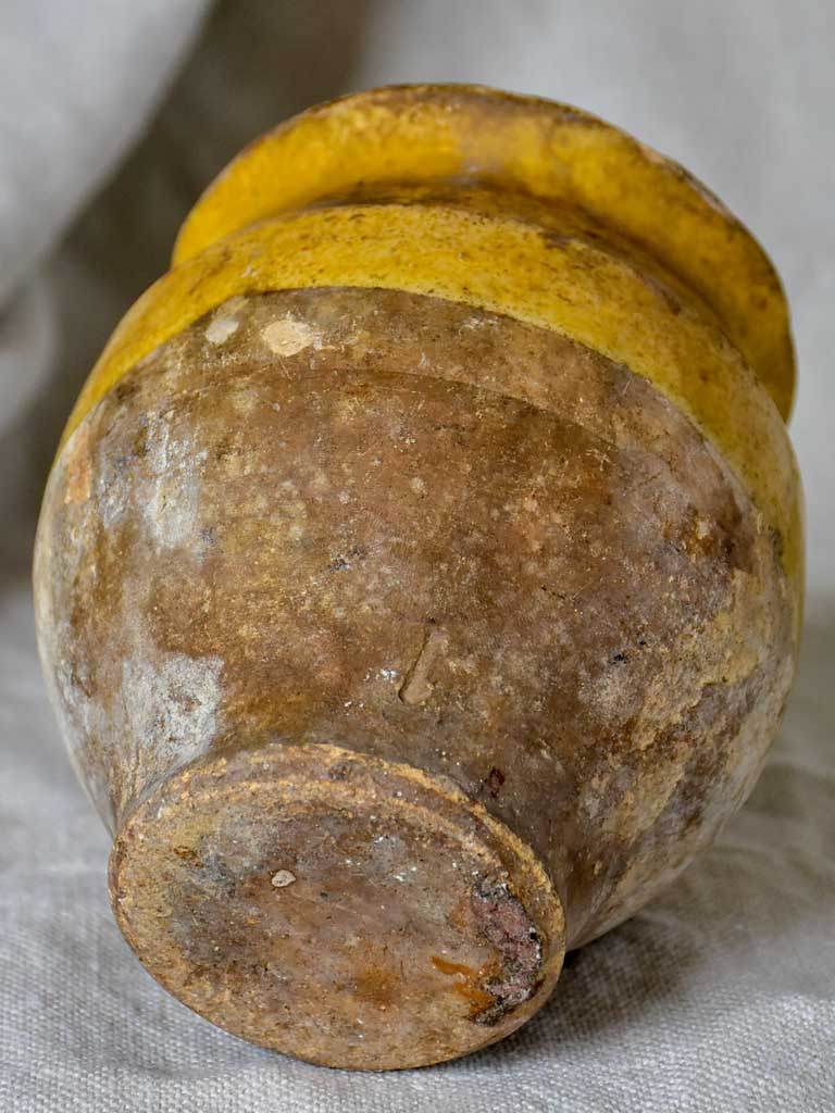 Very small antique French confit pot with yellow glaze 4¾"