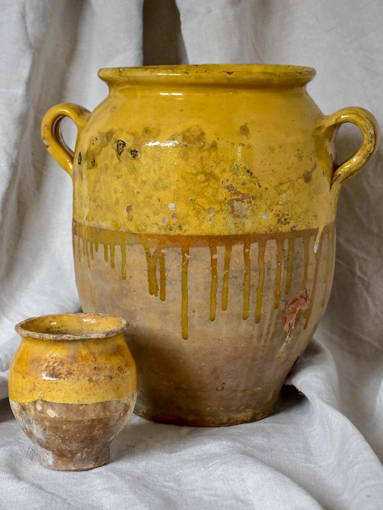 Very small antique French confit pot with yellow glaze 4¾"