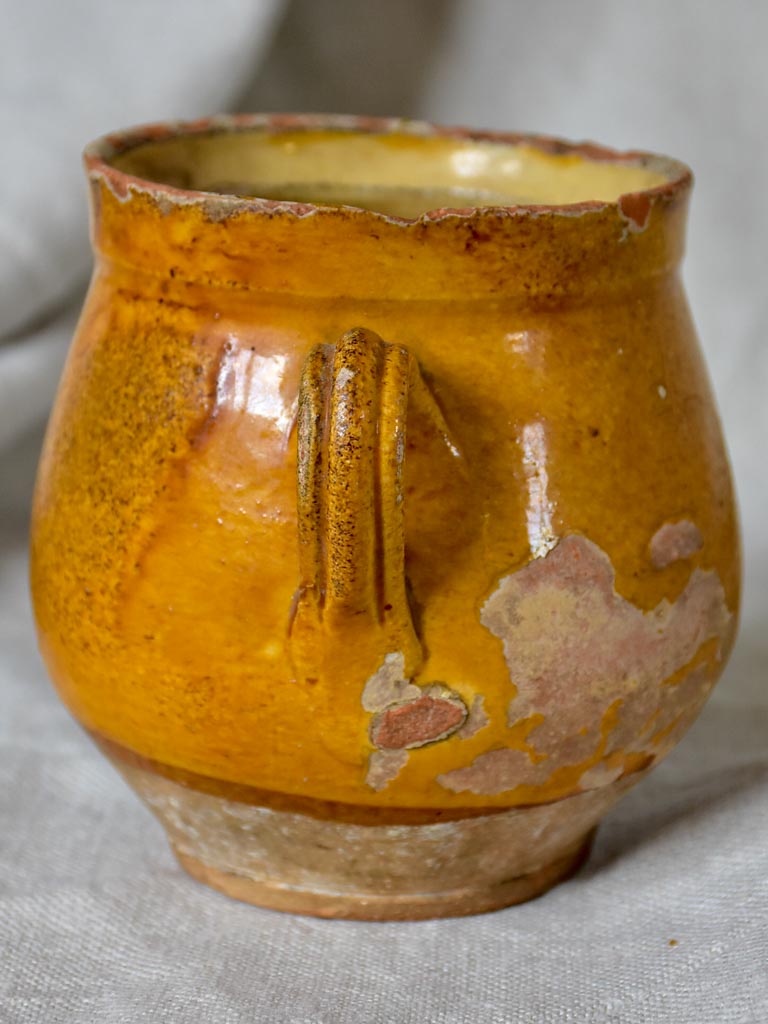 Very small antique French confit pot with ochre glaze 4¾"
