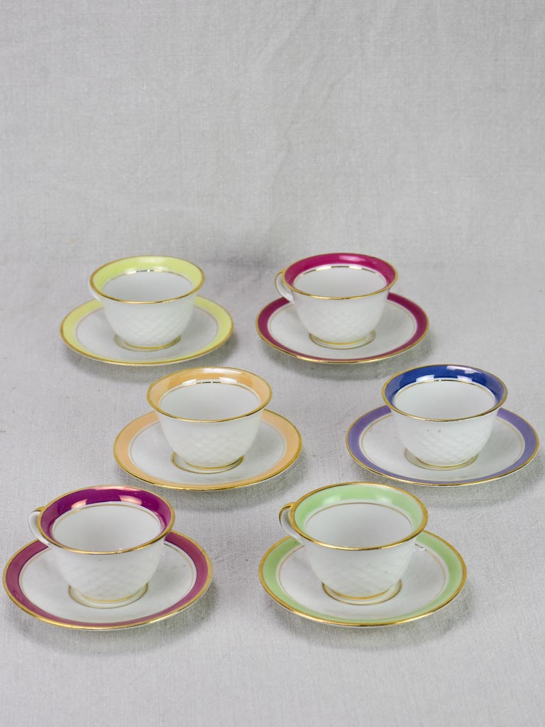 Multi-color coffee cups & saucers Limoges 1950s