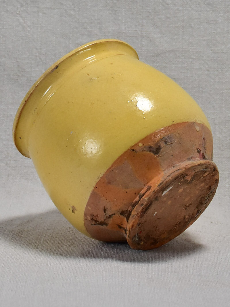 Antique French confit pot with no handles and yellow glaze 5"