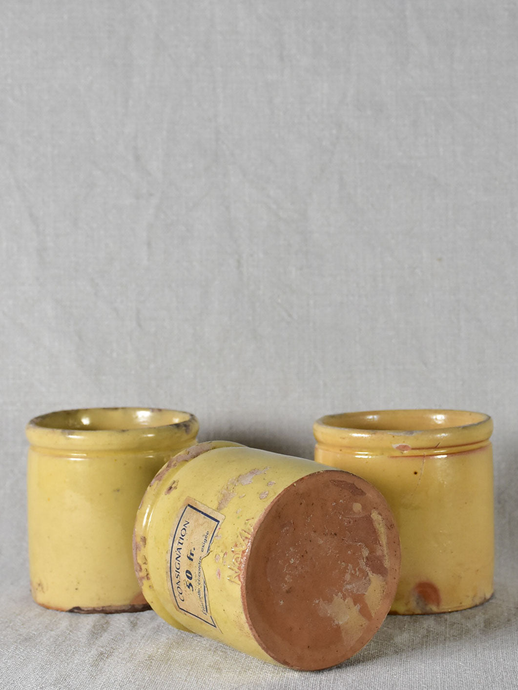Three antique French yellow ware preserving jars 3½"