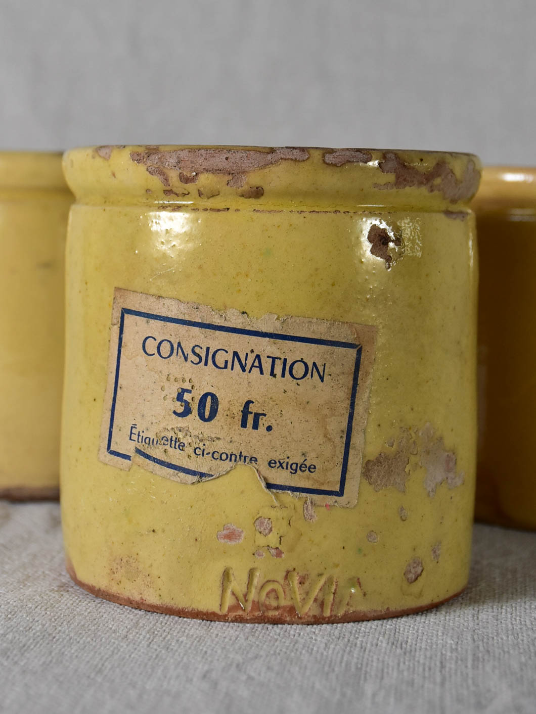 Three antique French yellow ware preserving jars 3½"