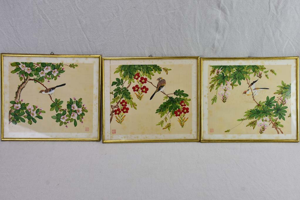 Three late 19th Century Japanese floral paintings on silk 15¼" x 13½"