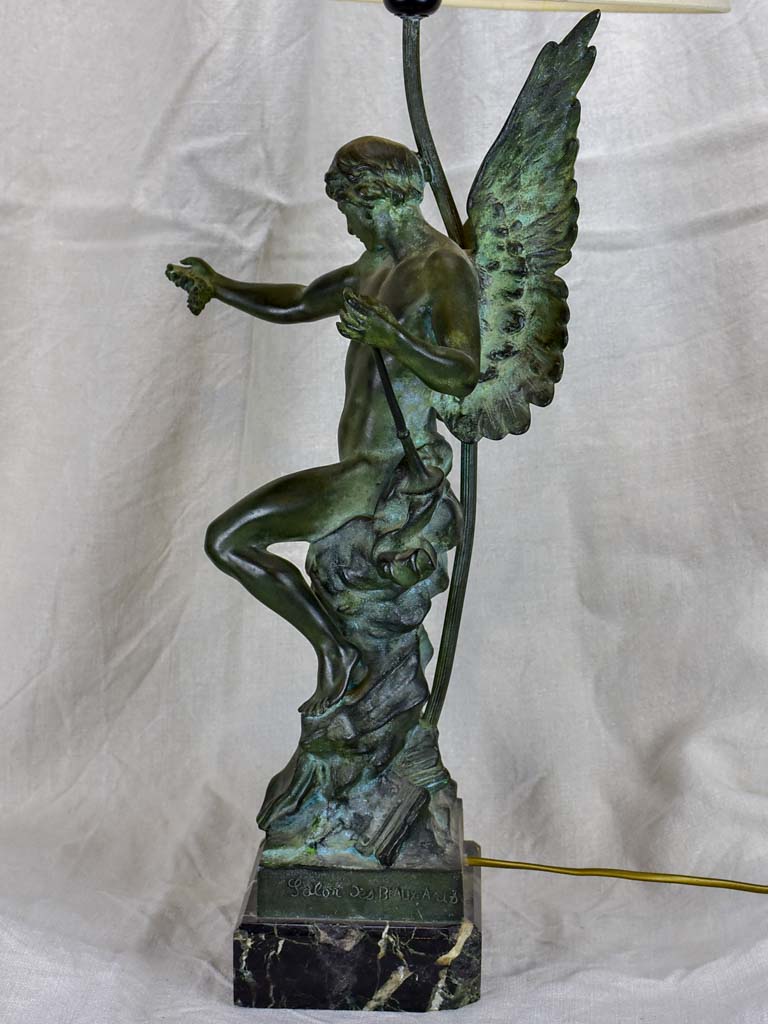 Antique French bronze and marble lamp by E. Picault