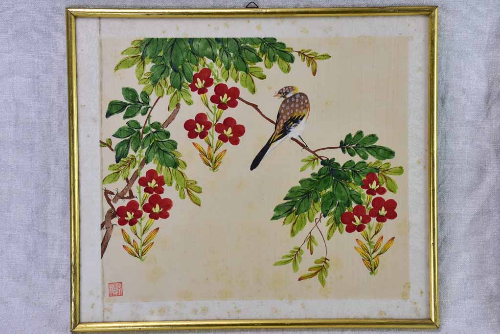 Three late 19th Century Japanese floral paintings on silk 15¼" x 13½"