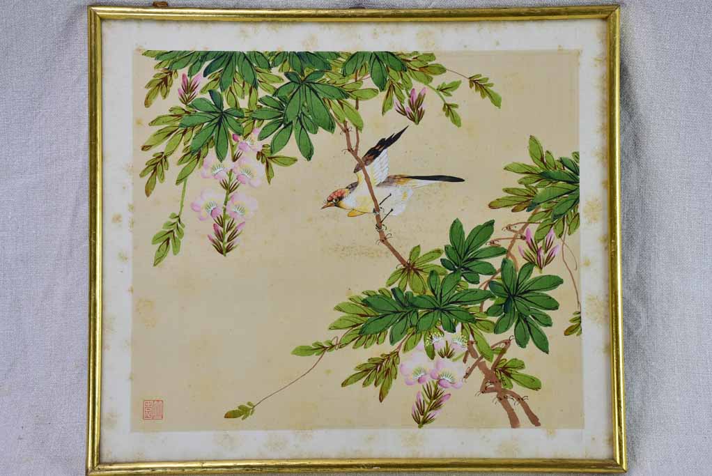 Three late 19th Century Japanese floral paintings on silk 15¼" x 13½"
