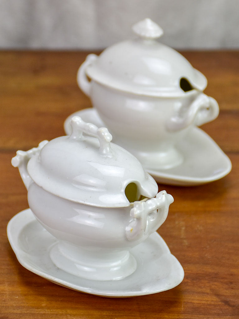 Pair of small antique French mustard serving dishes with lids