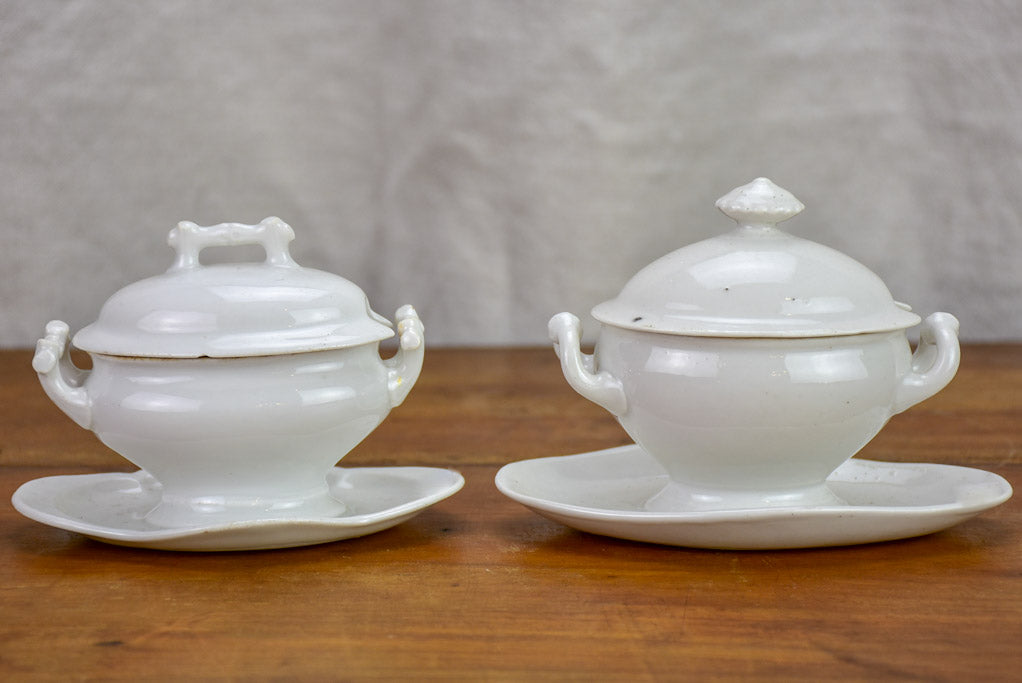 Pair of small antique French mustard serving dishes with lids