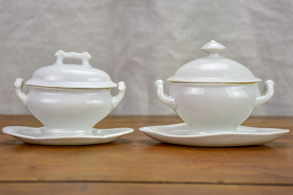 Pair of small antique French mustard serving dishes with lids
