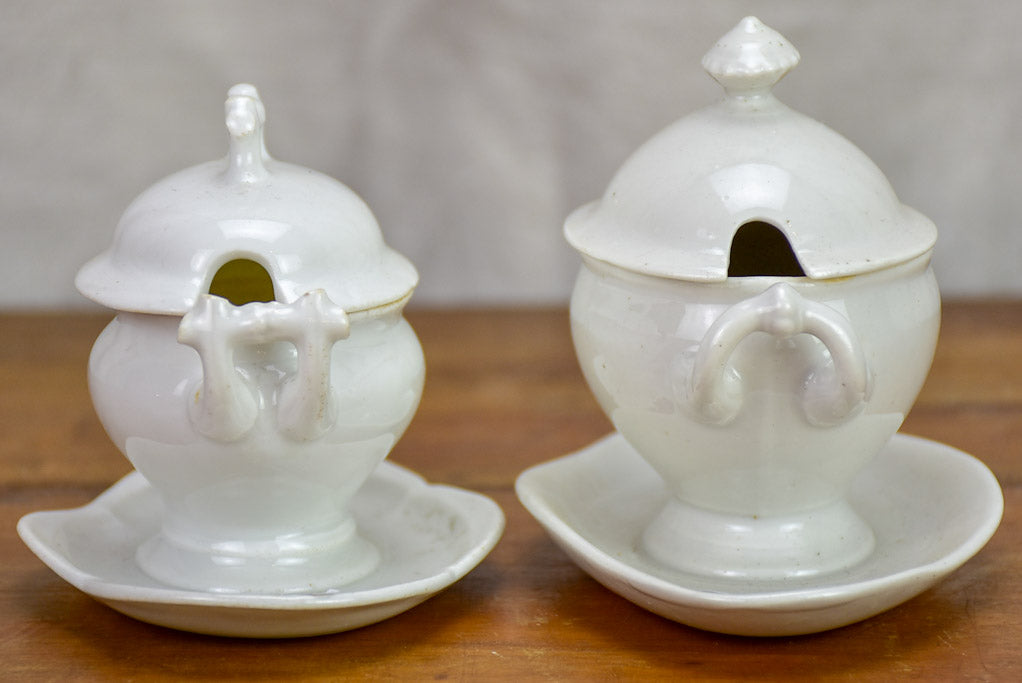 Pair of small antique French mustard serving dishes with lids