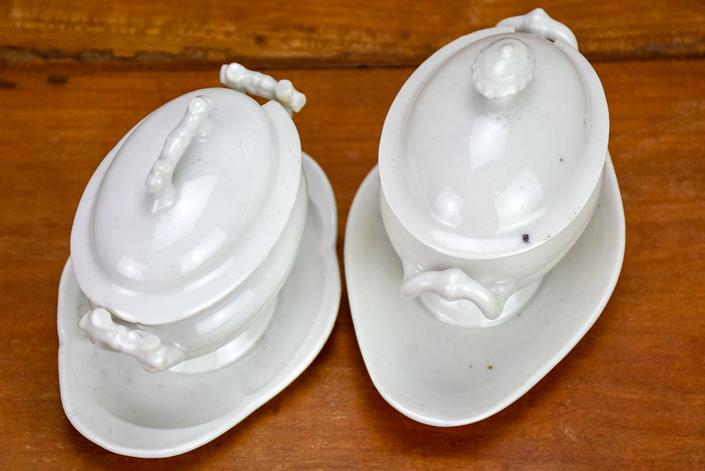 Pair of small antique French mustard serving dishes with lids