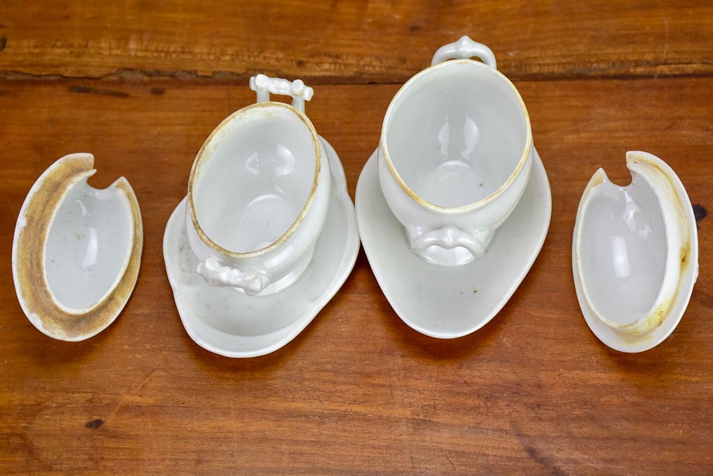 Pair of small antique French mustard serving dishes with lids
