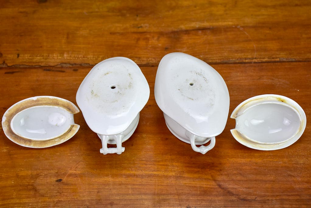 Pair of small antique French mustard serving dishes with lids