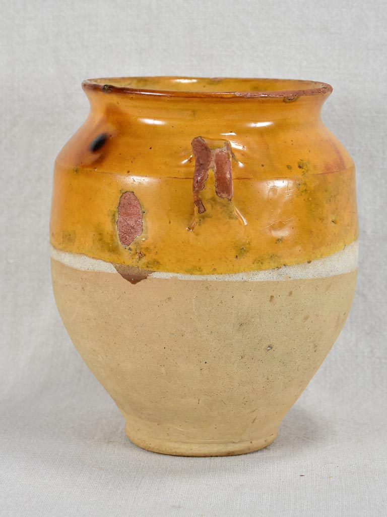 Small antique French confit pot with yellow / orange glaze and two handles 8¼"