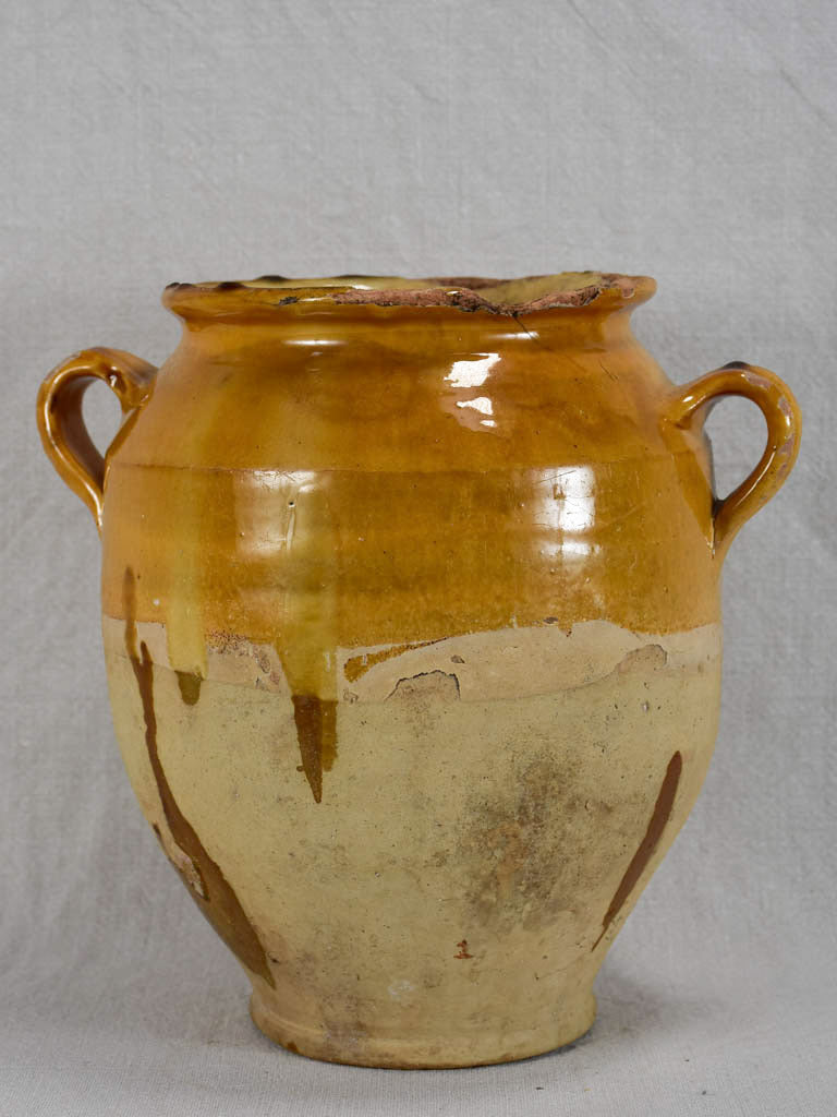 Rustic antique French confit pot with yellow / orange glaze 9¾"